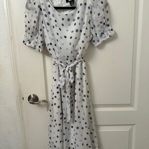 DKNY White and Blue Polka Dot Long Sleeve Dress